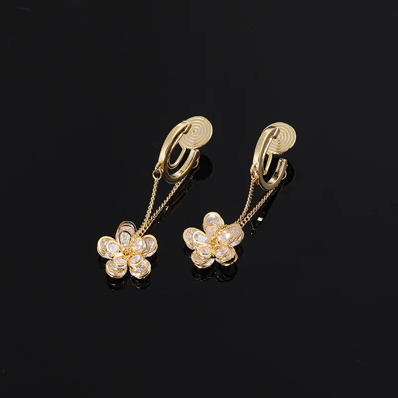 Elegant Zircon Crystal Flower Chain Tassel Hoop Stud & Clip On No Piercing Gold Alloy Drop Earrings