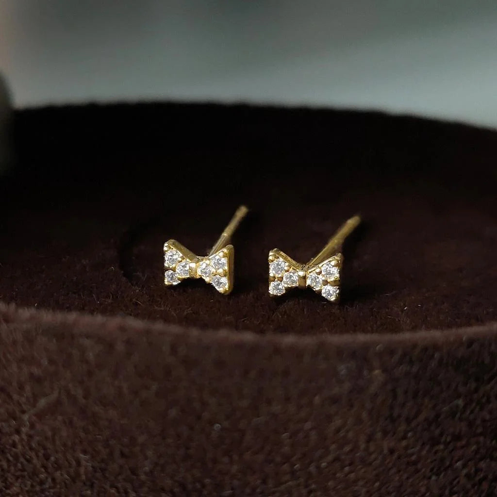 Mini Bow Stud Earrings 14K Plated Copper Micro Pave Zircon Style