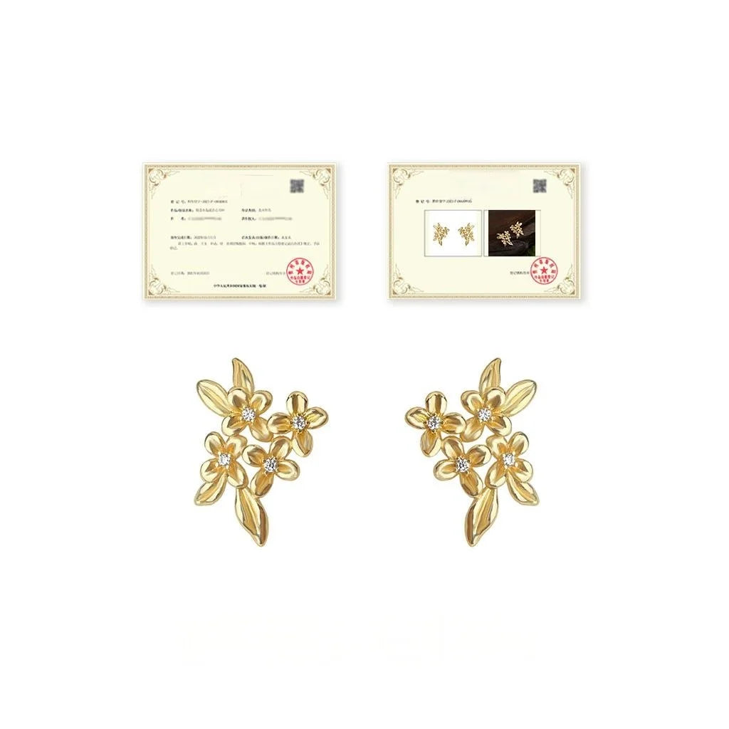 14K Plated Copper Osmanthus Flower Zircon Stud Earrings, Light Luxury Floral Petal Jewelry