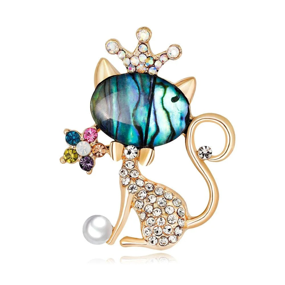 Cute Cat Crown Brooch With Mother Of Pearl Shell And Rhinestone Alloy Lapel Pin Corsage Gift