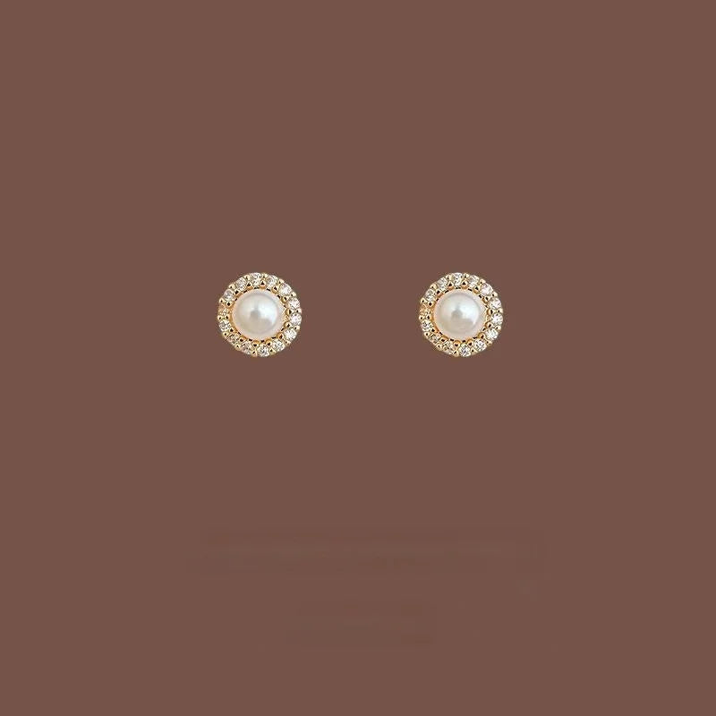 Micro Pave Zircon Round Geometric Pearl Stud Earrings For Women, Copper Minimalist Jewelry