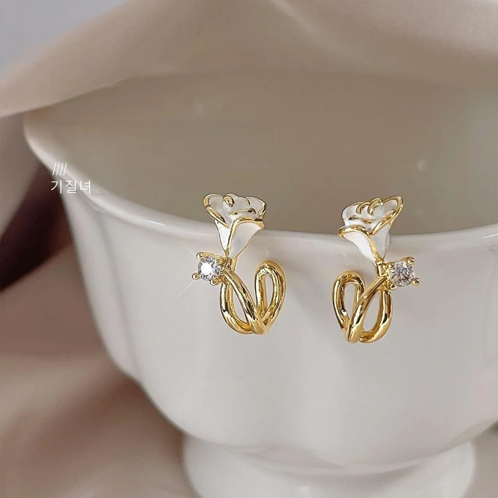 French Vintage Copper Micro Pave Zircon Morning Glory Flower Enamel Stud Earrings