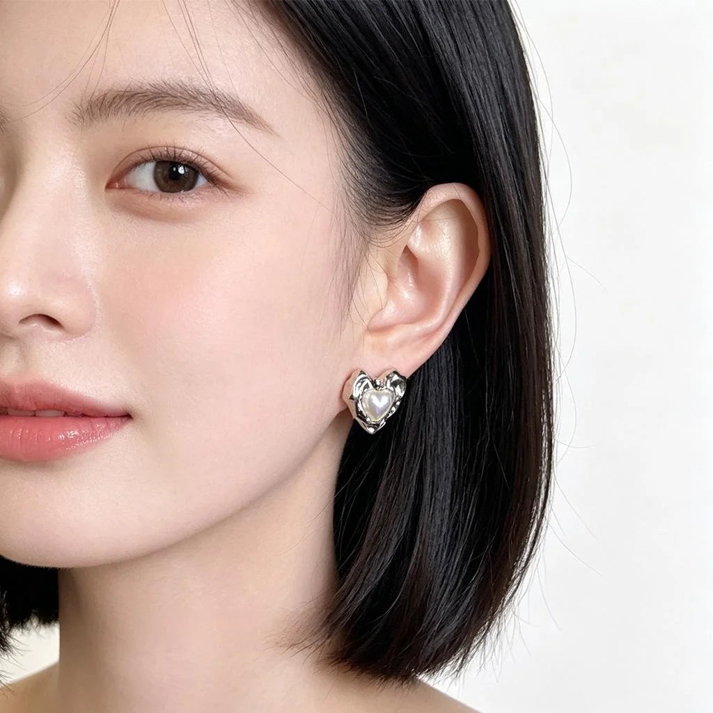 Minimalist Heart Synthetic Mabe Pearl Stud Earrings Copper Liquid Love Cool Style
