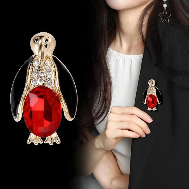 Cute Penguin Alloy Brooch With Rhinestone Red Crystal And Black Enamel, Animal Lapel Pin Gift