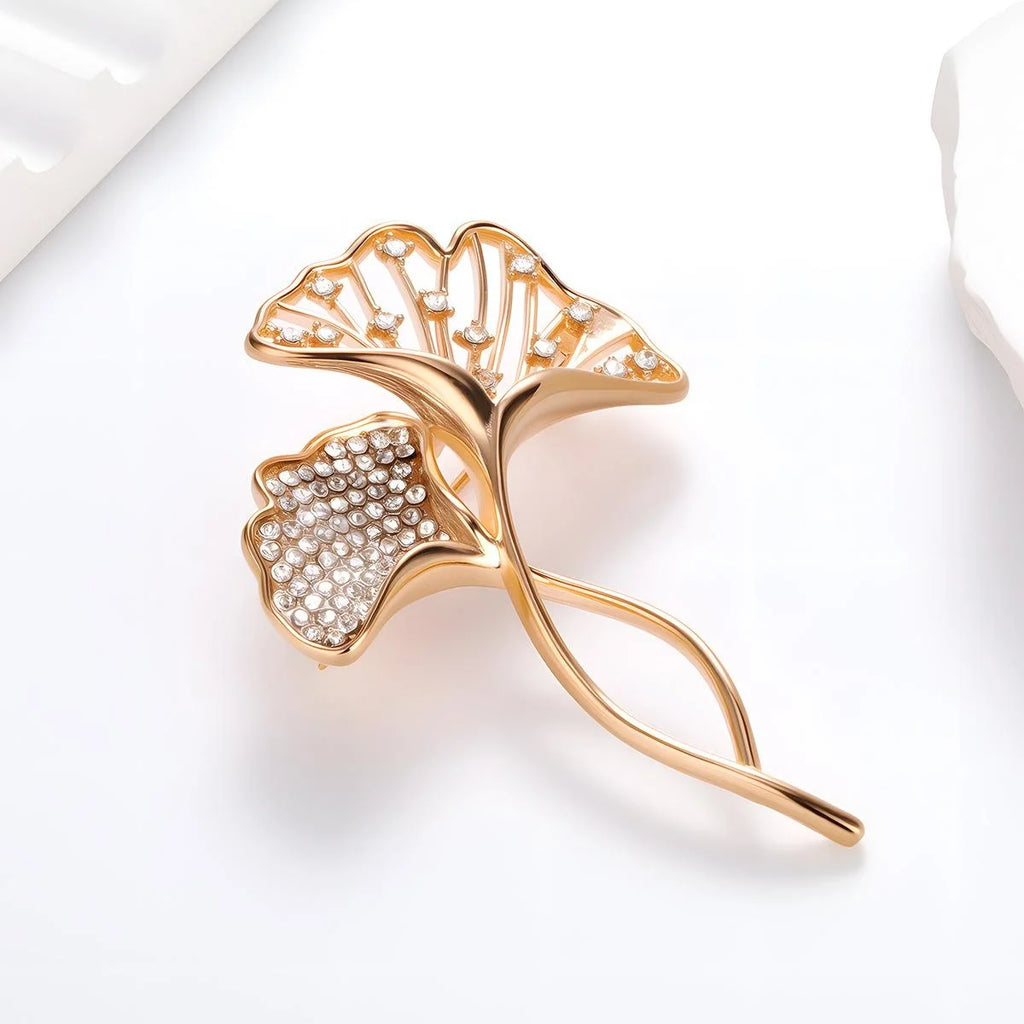 Elegant Rose Gold Ginkgo Leaf Rhinestone Brooch, Luxury Women's Lapel Pin Corsage Suit Accessory Gift