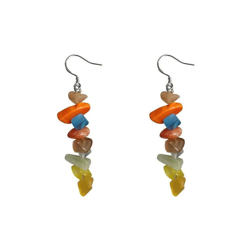 Sweet Geometric Glass Cat Eye Stone Tassel Drop Earrings With Silver Plated Pins