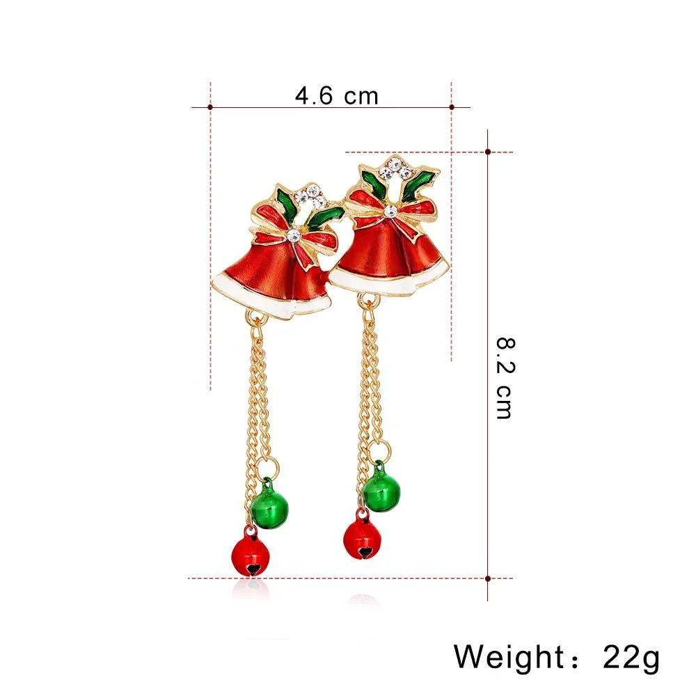 Cute Christmas Double Bell Brooch, Alloy Enamel Rhinestone Dangle Chain Lapel Pin Corsage Gift