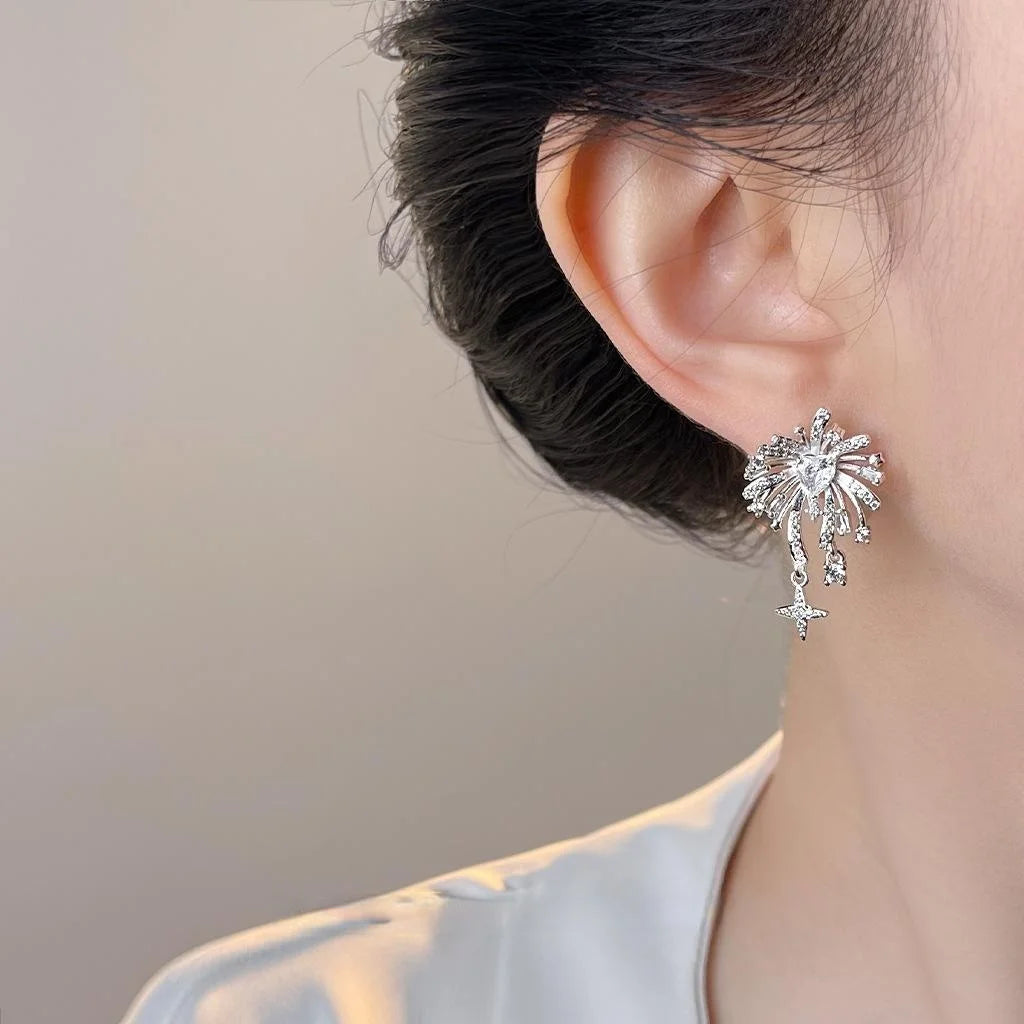Designer Firework Starburst Tassel Drop Earrings, Copper Zircon Floral Geometric