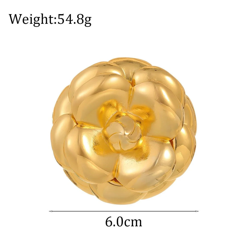 Elegant Gold Tone Alloy Camellia Flower Brooch, Smooth Petal Lapel Pin Corsage For Women's Suit Accessory