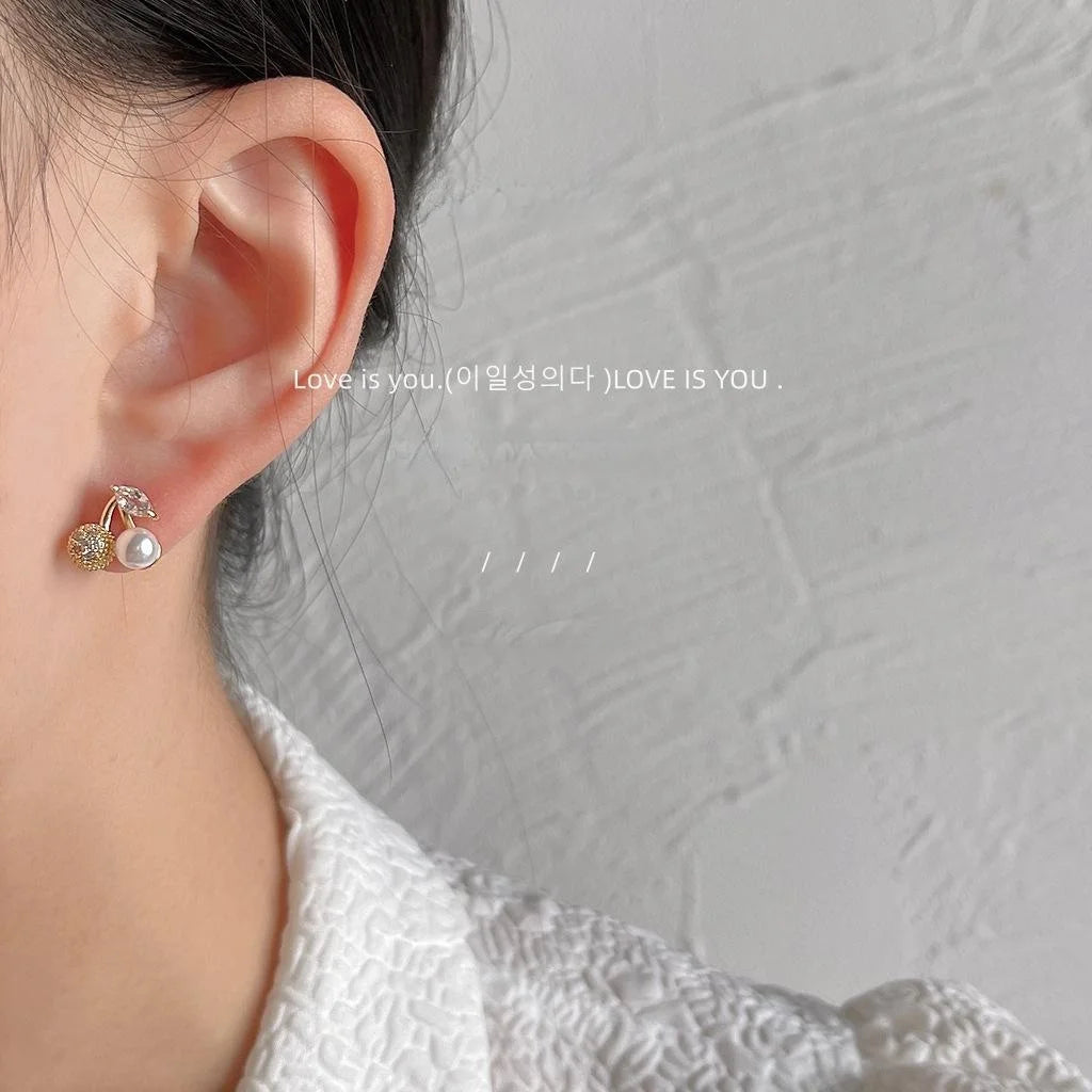 Versatile French Style Micro Pave Zircon Cherry Pearl Copper Stud Earrings For Women