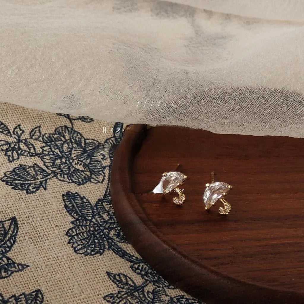 Mini Umbrella Zircon 14K Plated Stud Earrings Korean Japanese Simple Jewelry