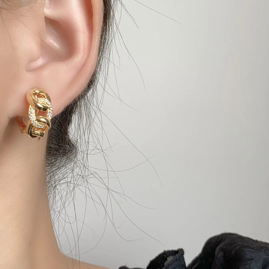 Luxury Gold Alloy Chain Hoop Stud & Clip On No Piercing Rhinestone Chunky Link Women's Earrings