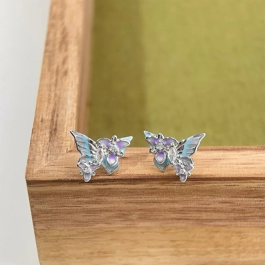 Forest Style Colorful Enamel Butterfly Stud Earrings In Copper With Micro Pave Zircon And Silver Plated Pins