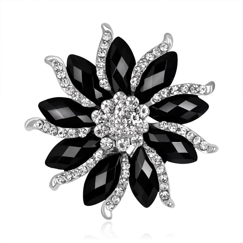 Elegant Black Resin Flower Brooch With Rhinestone Alloy Petals, Luxury Lapel Pin Corsage Suit Accessory