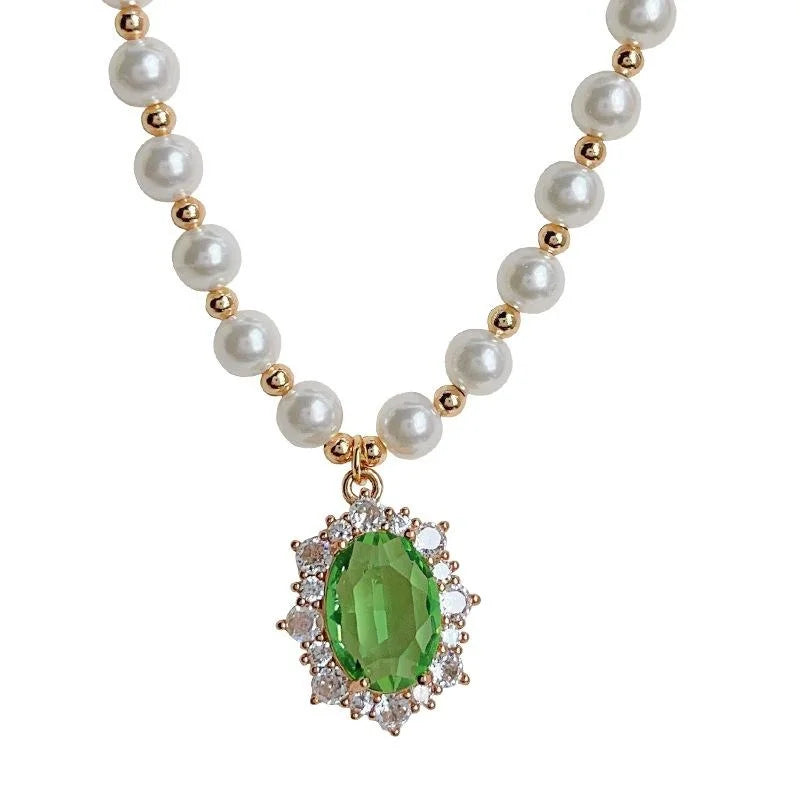 Glass Pearl Zircon Inlaid Geometric Collarbone Necklace For Women Elegant Sweater Chain
