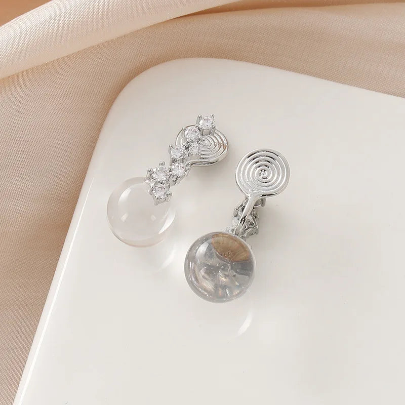 Elegant Starry Zircon Crystal Transparent Round Glass Bead Drop Stud & Clip On No Piercing Earrings