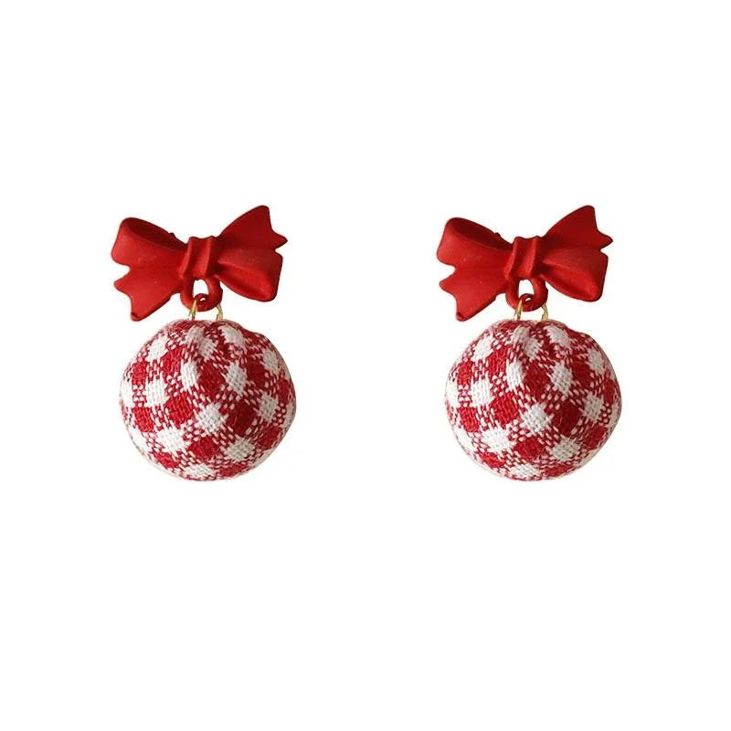 Japanese Korean Sweet Red Bow Plaid Pom Pom Stud Earrings With Silver Plated Pins