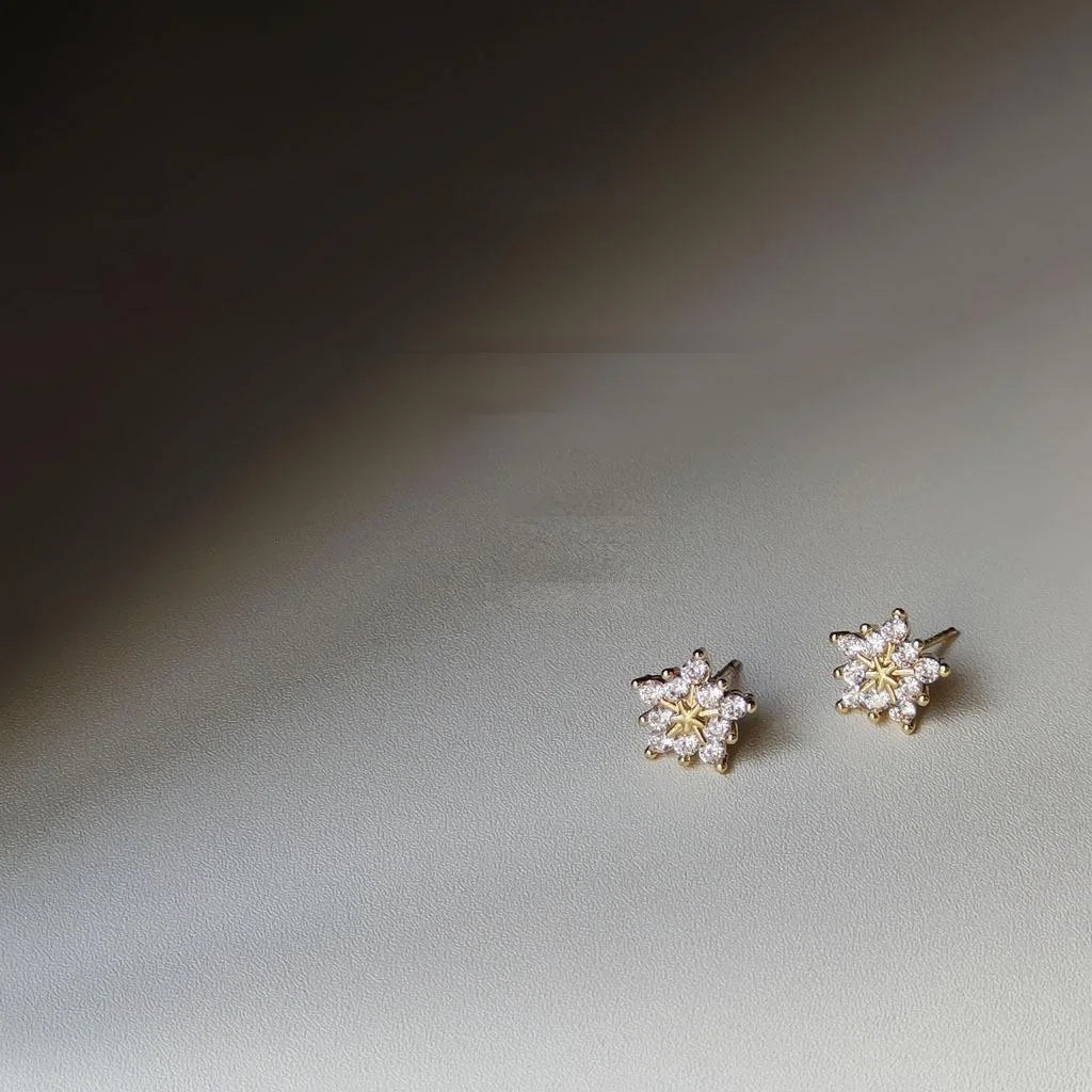 Sweet Snowflake Zircon Stud Earrings 14K Plated Copper Women Jewelry