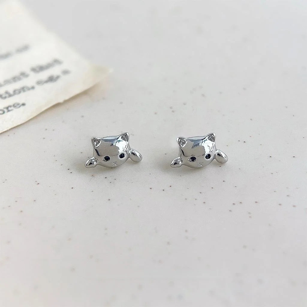 Cute Mini Cat Copper Stud Earrings For Women, Minimalist Animal Daily Commuter Jewelry