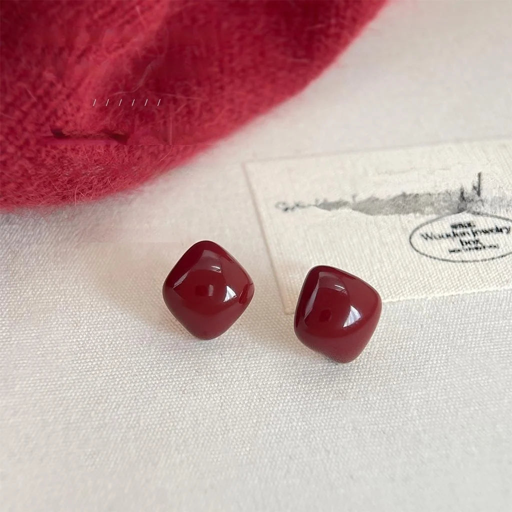 14K Plated Copper Wine Red Enamel Geometric Stud Earrings French Vintage Style