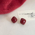 14K Plated Copper Wine Red Enamel Geometric Stud Earrings French Vintage Style
