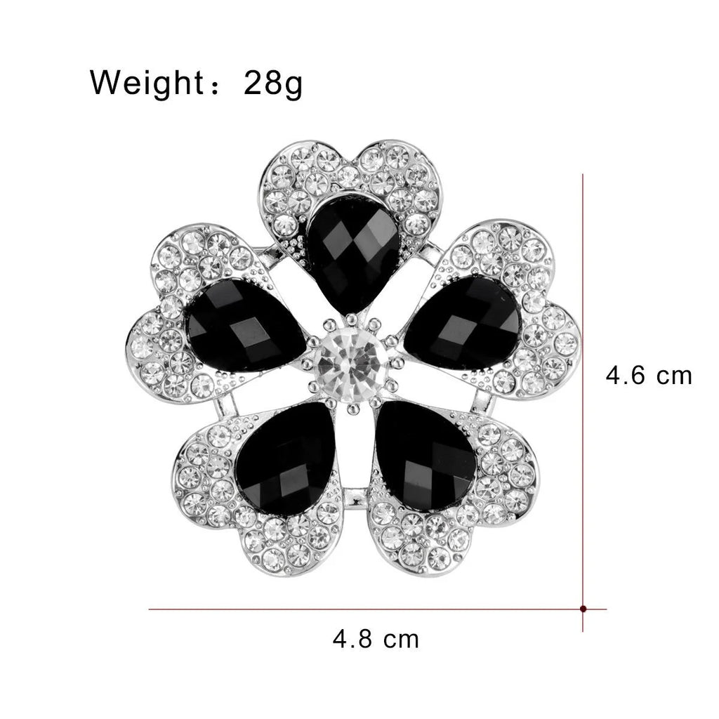 Luxury Black Crystal Flower Brooch With Rhinestone Alloy Petals, Elegant Women's Lapel Pin Suit Corsage Gift