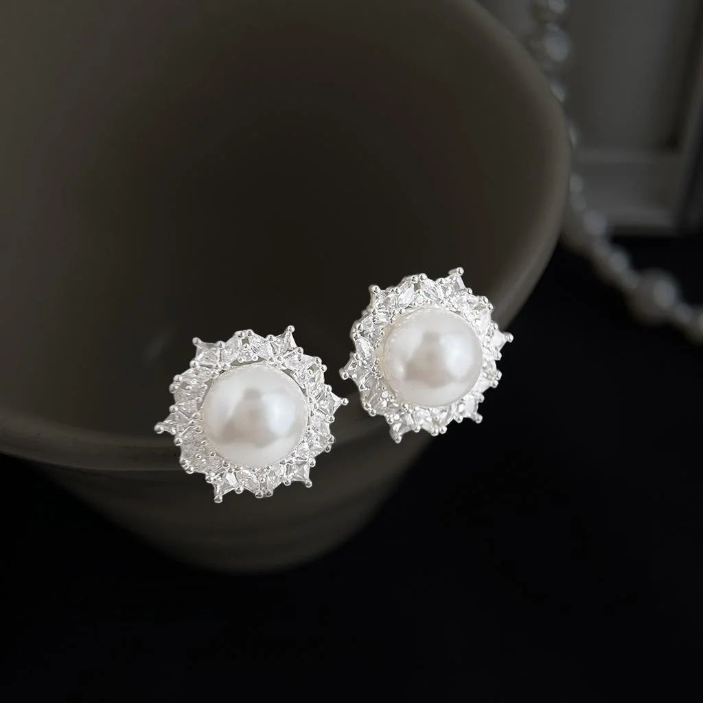 Elegant Round Geometric Zircon Glass Pearl Copper Stud Earrings