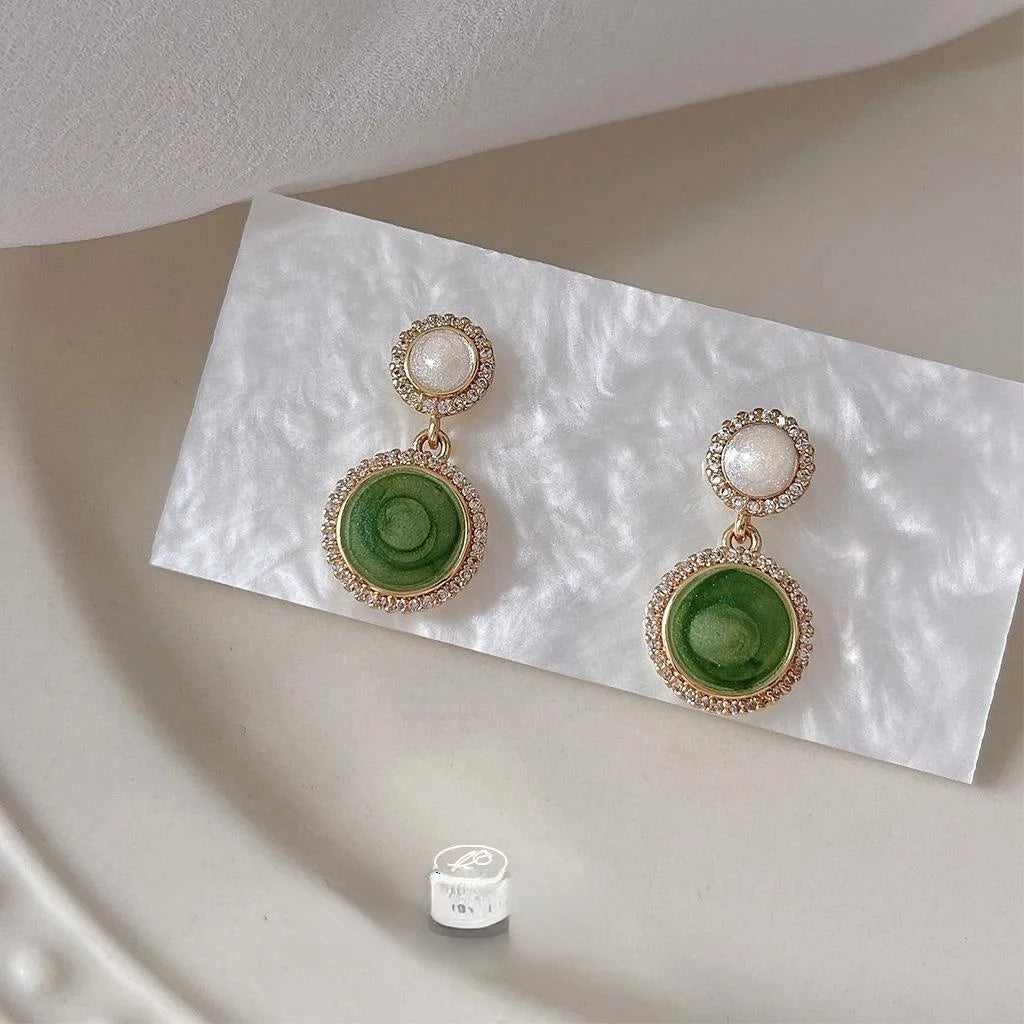 14K Plated Round Green Zircon Stud Earrings, Fresh Summer Colorblock Style