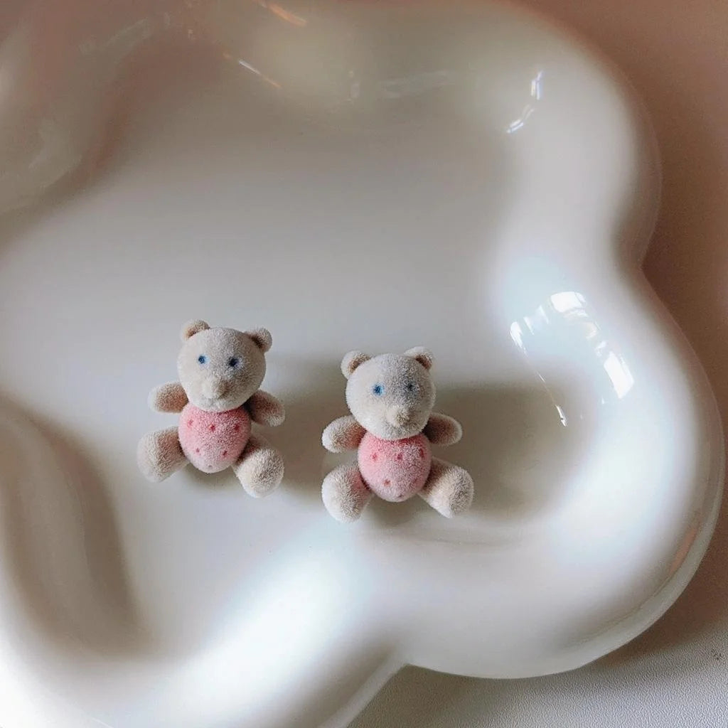 Winter Cute Plush Bear Stud Earrings With Silver Plated Posts, Korean Japanese Girly Jewelry