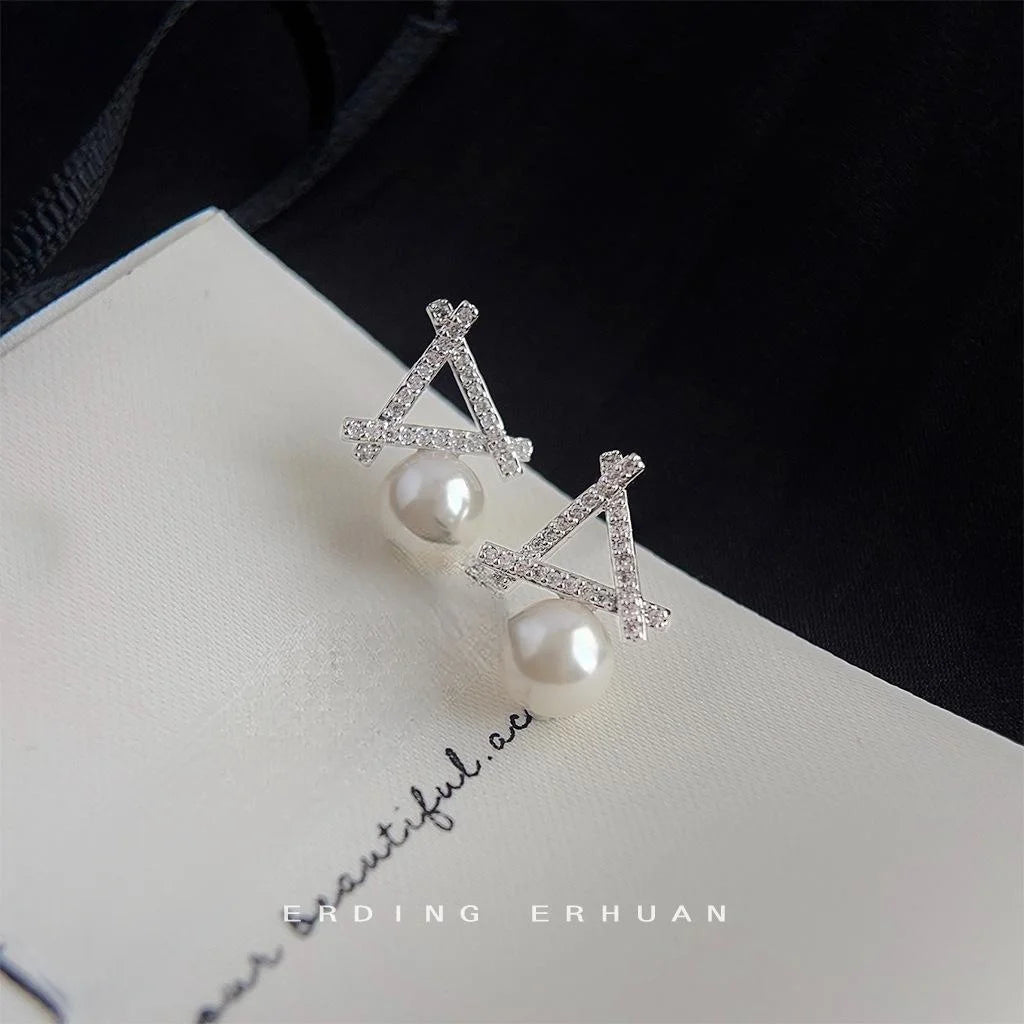 Elegant Geometric Glass Pearl Stud Earrings Copper Micro Pave Zircon Hollow Triangle Design