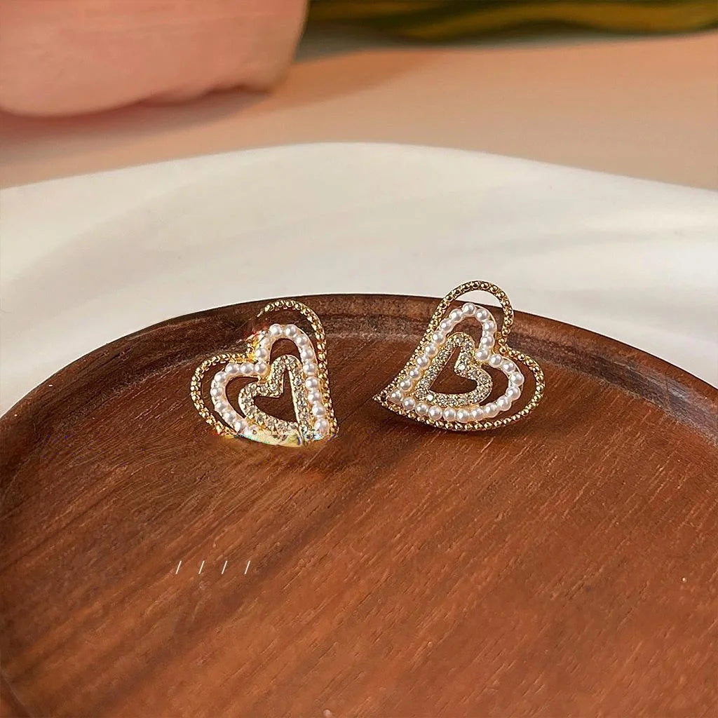 French Vintage Copper Pearl Heart Stud Earrings With Micro Pave Zircon Multi Layer Design