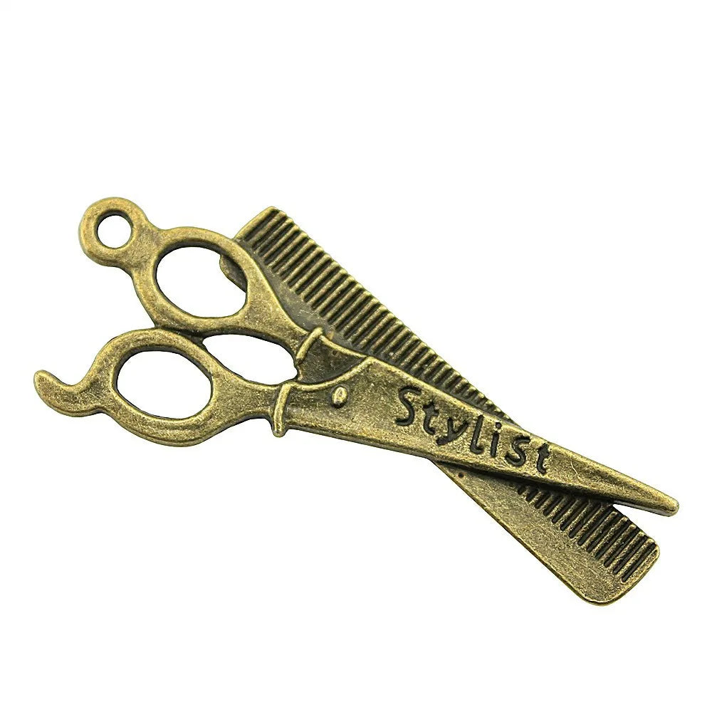 24x53mm 5.4g Multicolor Zinc Alloy Barber Scissors and Comb Charm Pendant for DIY Jewelry Making