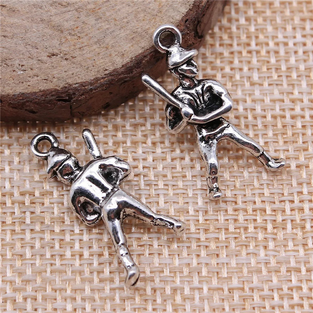 25x12mm 1.9g Antique Silver Zinc Alloy Baseball Player Charm Pendant for DIY Sports Jewelry Making