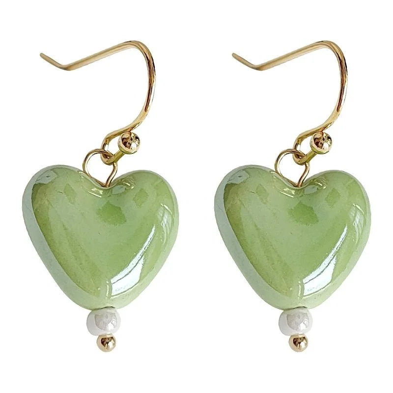 Green Ceramic Heart Drop Earrings Handmade Forest Style Sweet Minimalist Jewelry For Women