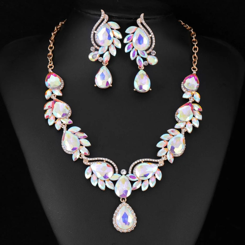Luxury Bridal Rhinestone Crystal Necklace And Earrings Jewelry Set For Wedding Banquet Party Jewelry Gift