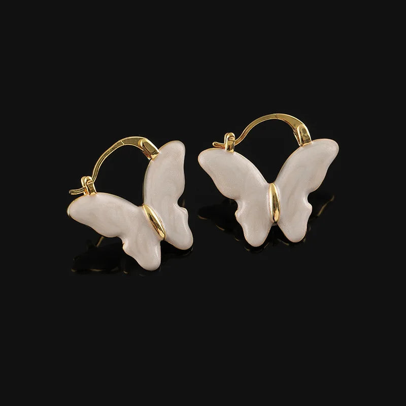 Elegant Cream Enamel Butterfly Alloy Stud & Clip On No Piercing Light Luxury Ear Cuff Drop Earrings