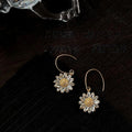 14K Gold Plated Sunflower Pearl Drop Earrings With Micro Pave Zircon, French Fashion OL Floral Jewelry