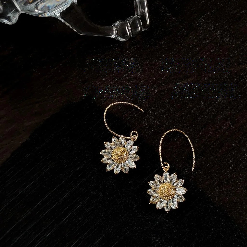 14K Gold Plated Sunflower Pearl Drop Earrings With Micro Pave Zircon, French Fashion OL Floral Jewelry