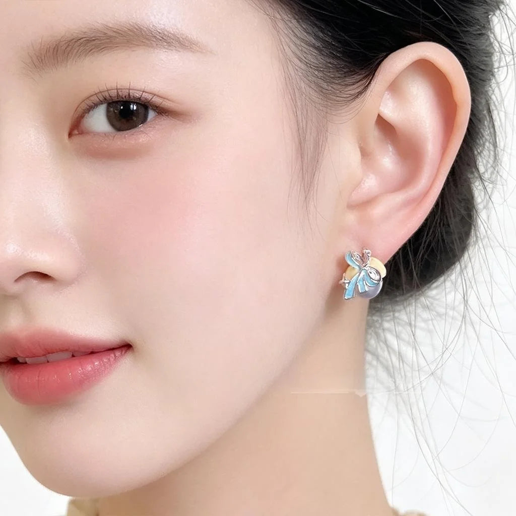 Original Sweet Asymmetric Bow Enamel Painted Pearl Copper Stud Earrings