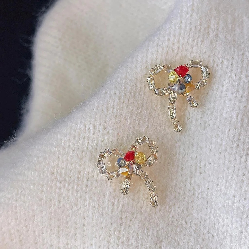 Micro Pave Zircon Bow Stud Earrings 14K Gold Plated Copper Handmade Designer Jewelry