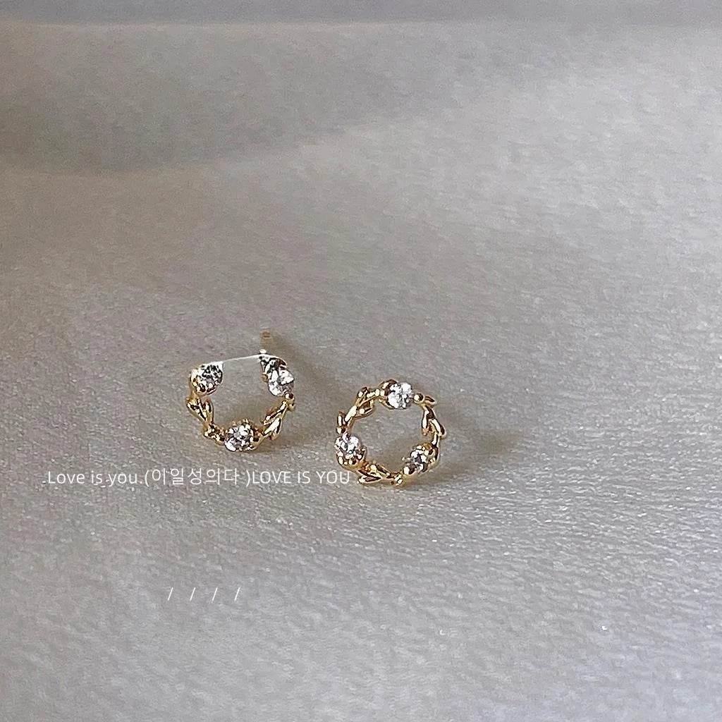 14K Plated Copper Micro Pave Zircon Mini Circle Wreath Stud Earrings Korean Minimalist Jewelry