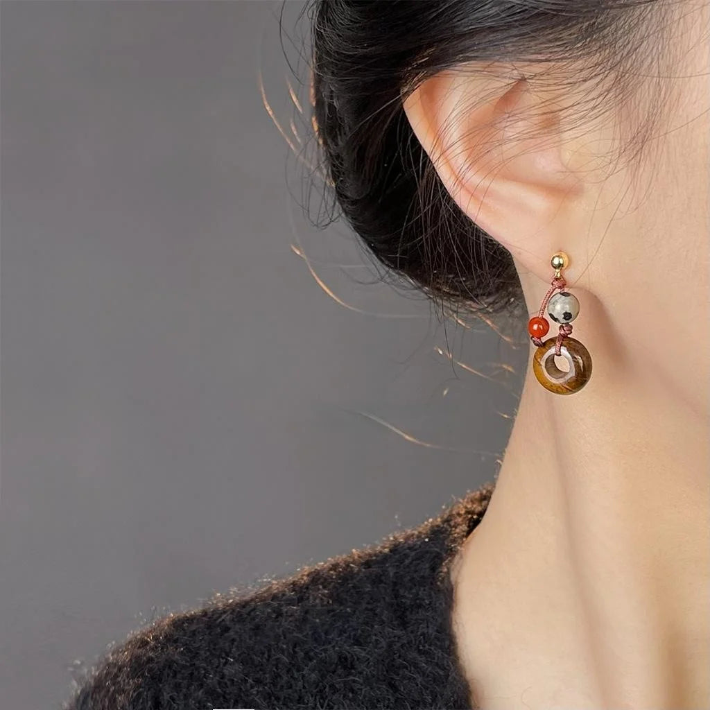New Chinese Style Tiger Eye Red Agate Spotted Stone Peace Buckle Drop Earrings