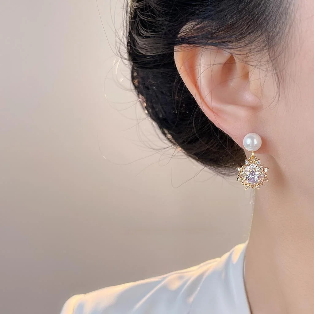 Light Luxury Zircon Snowflake Glass Pearl Star Drop Earrings Handmade Fashion Jewelry