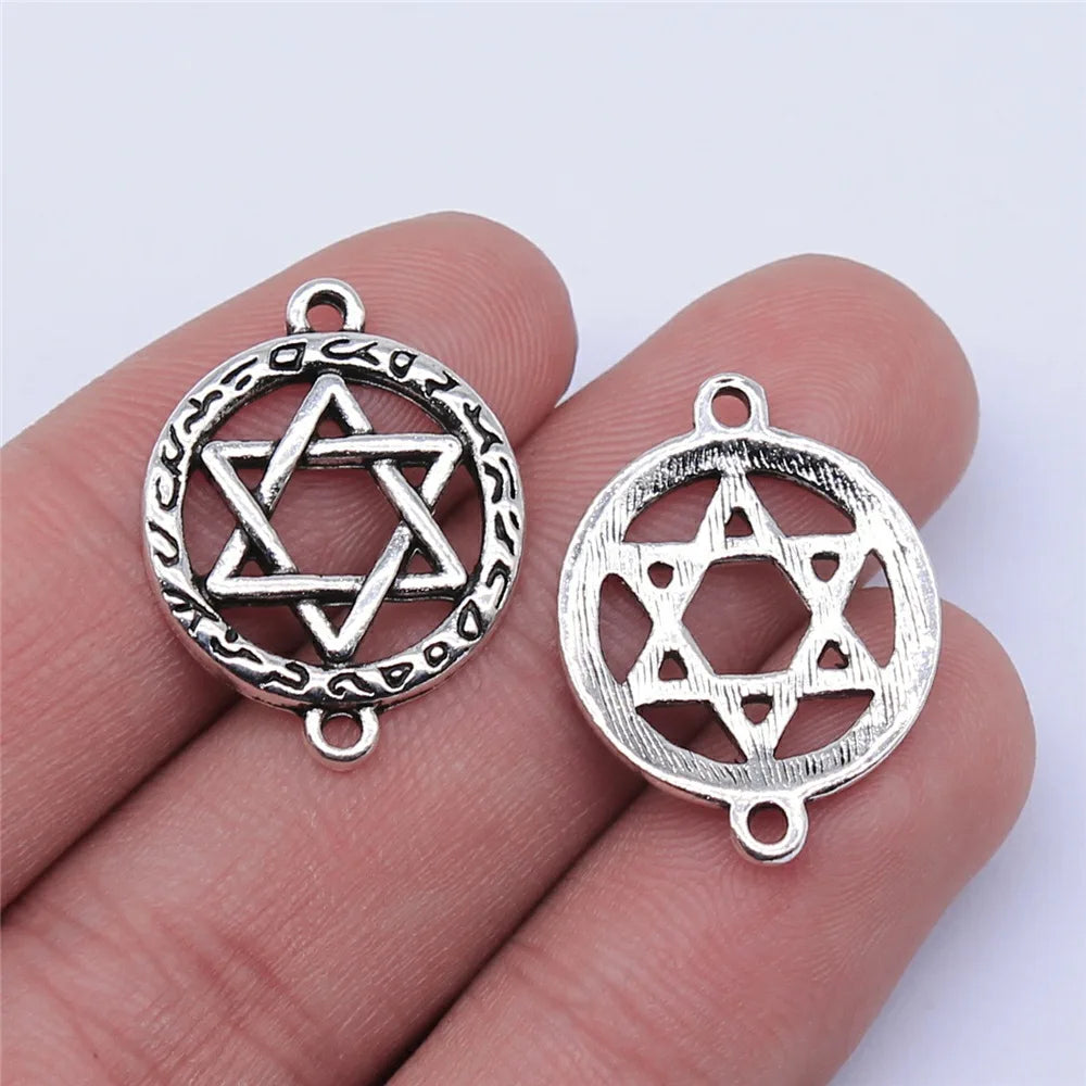 24x18mm 2.2g Antique Silver Zinc Alloy Round Five-Point Star Connector Charm for DIY Jewelry Making
