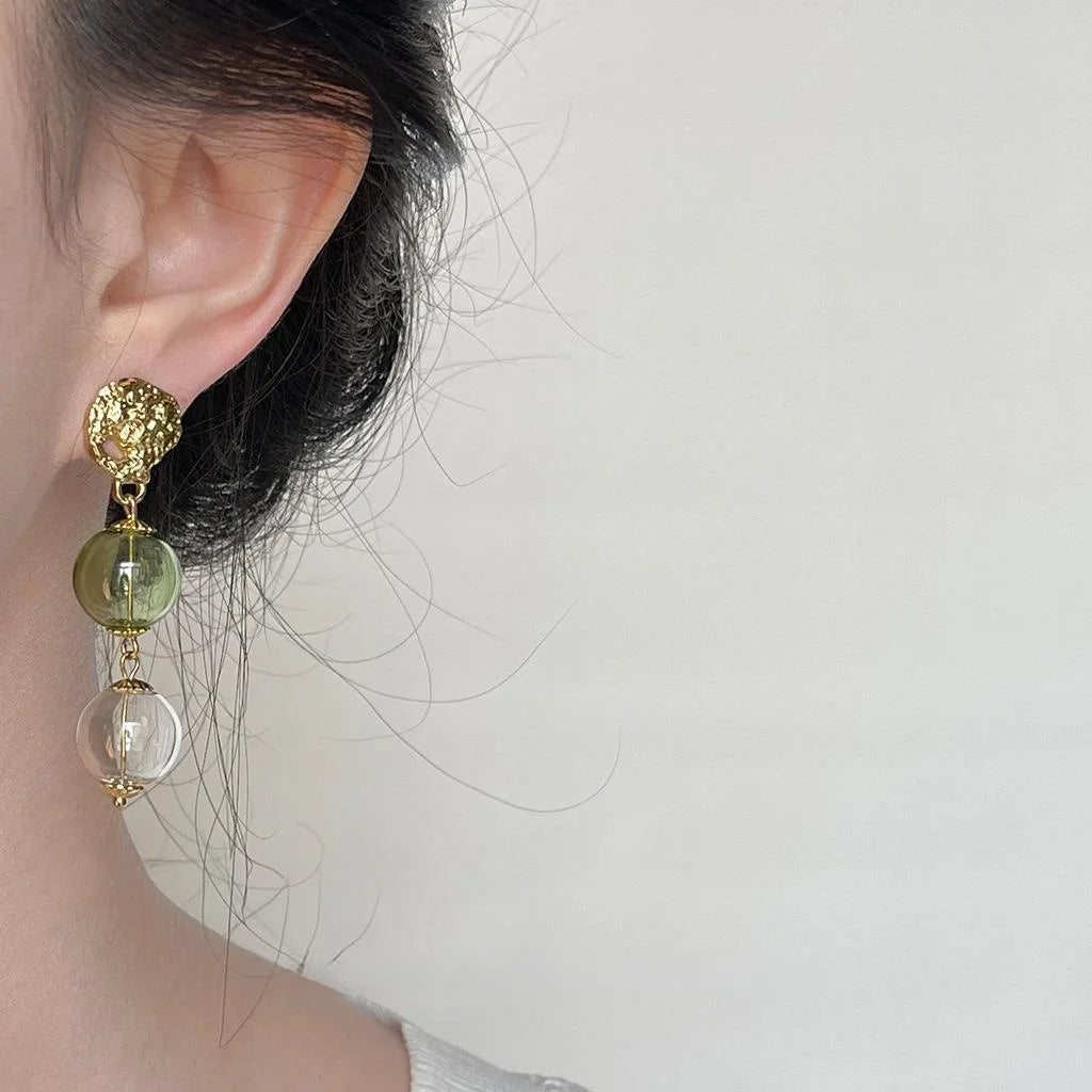 Original Designer Asymmetric Glass Bubble Ball Ceramic Butterfly Copper Drop Earrings