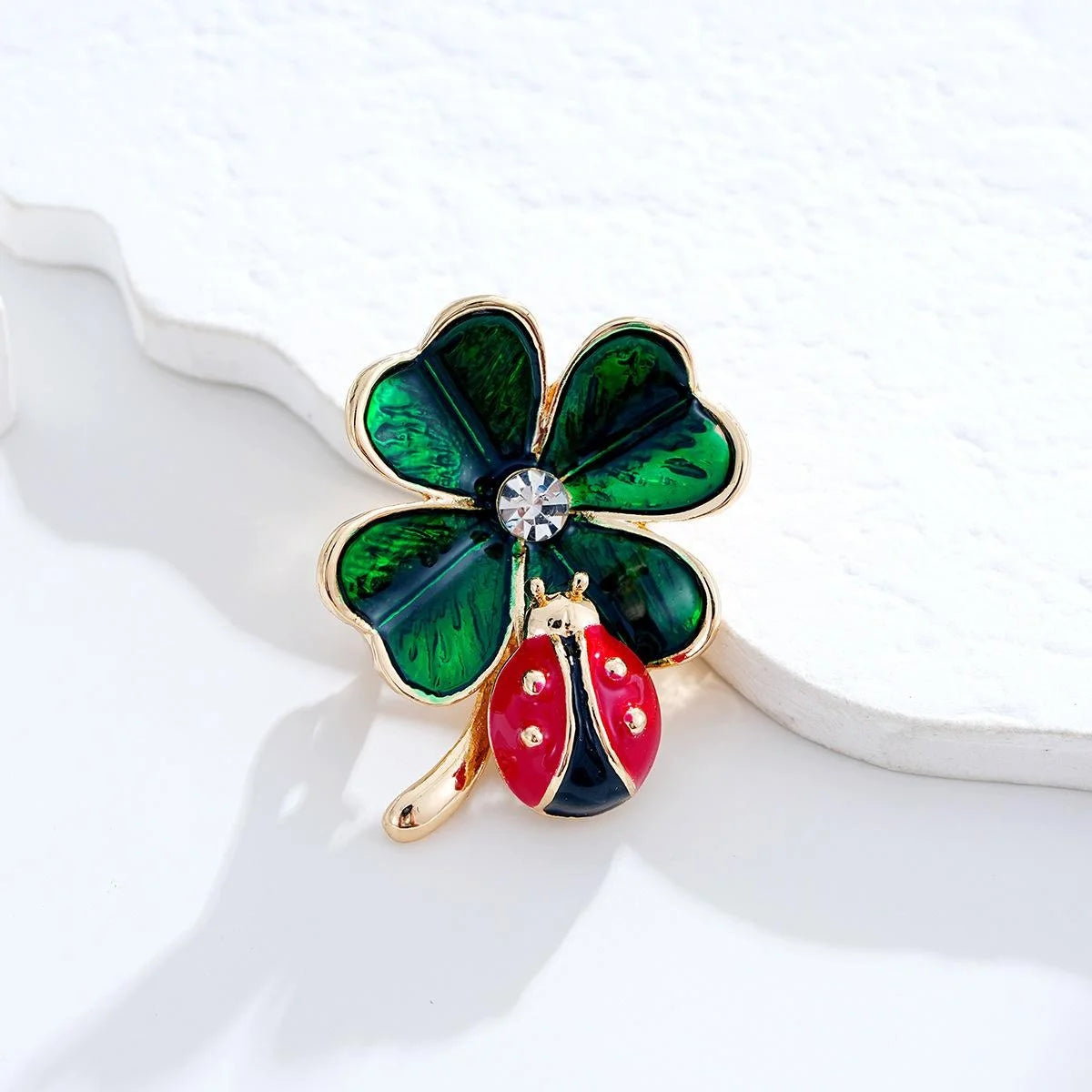 Cute Enamel Ladybug On Four Leaf Clover Brooch With Rhinestone, Lucky Lapel Pin Corsage Gift