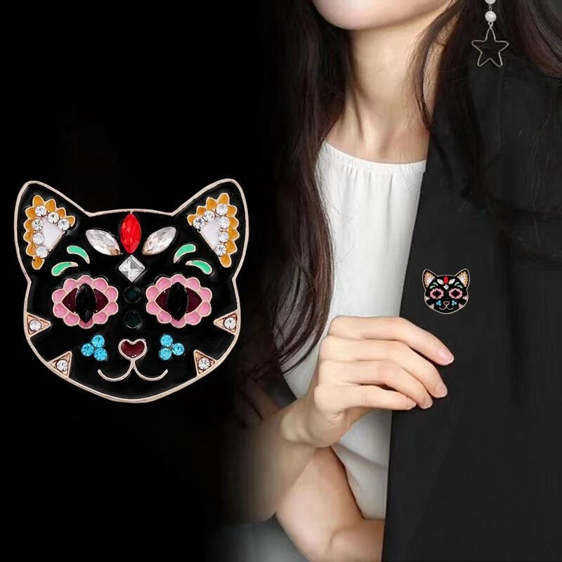 Cute Enamel Rhinestone Alloy Cat Brooch For Women, Korean Style Lapel Pin Corsage Suit Accessory Gift