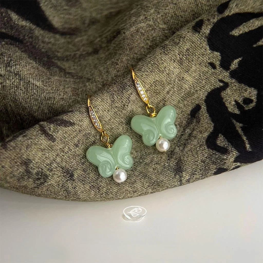 New Chinese Style Jade Glass Butterfly Pearl Drop Earrings French Vintage Handmade Jewelry