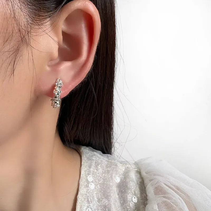 Vintage Spiral Coil Rhinestone Hoop Stud & Clip On No Piercing Minimalist Silver Alloy Earrings