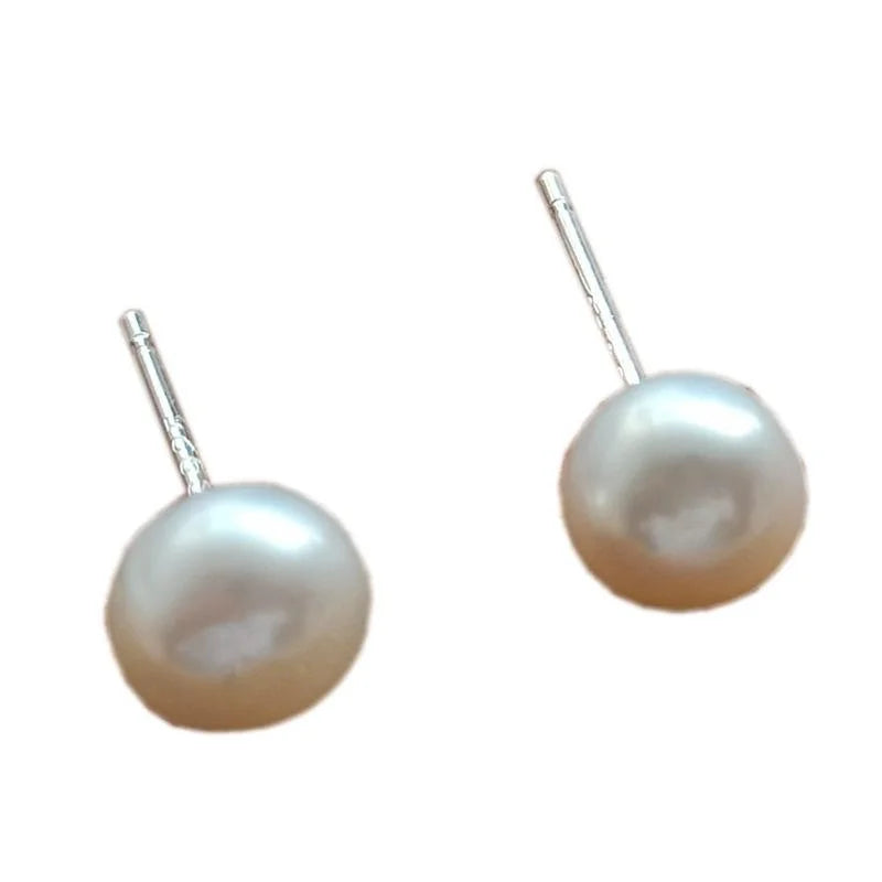 Silver Plated Natural Freshwater Pearl Stud Earrings Round Geometric Korean OL Fashion Jewelry